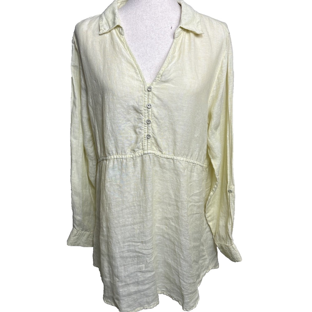 Sigrid Olsen 100% Linen Popover Tunic Shirt Womens Large Butter Yellow Coastal